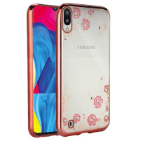 Луксозен силиконов гръб ТПУ ултратънък с 3D камъни и златисто розов кант за Samsung Galaxy M10 M105F розови цветя 